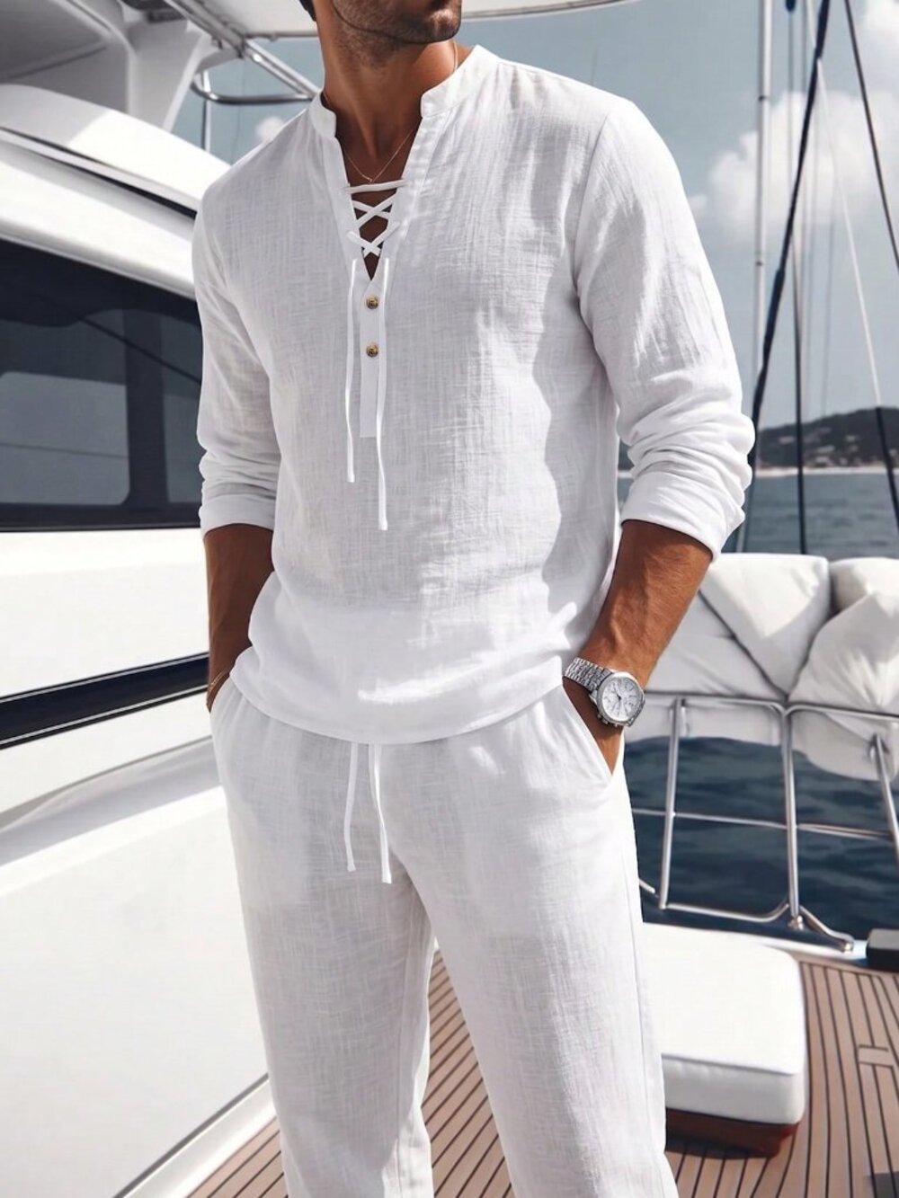 White Casual Men's Loose Regular Pocket Henley Long Sleeve Shirt Pants Set